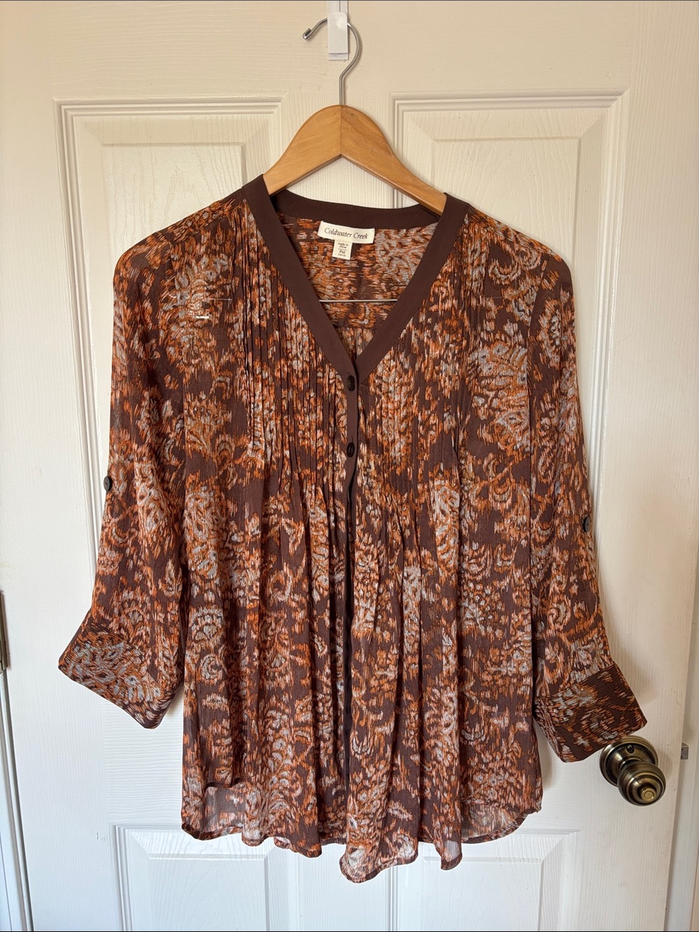 Coldwater Creek Women's Brown & Rust Patterned V-Neck Blouse